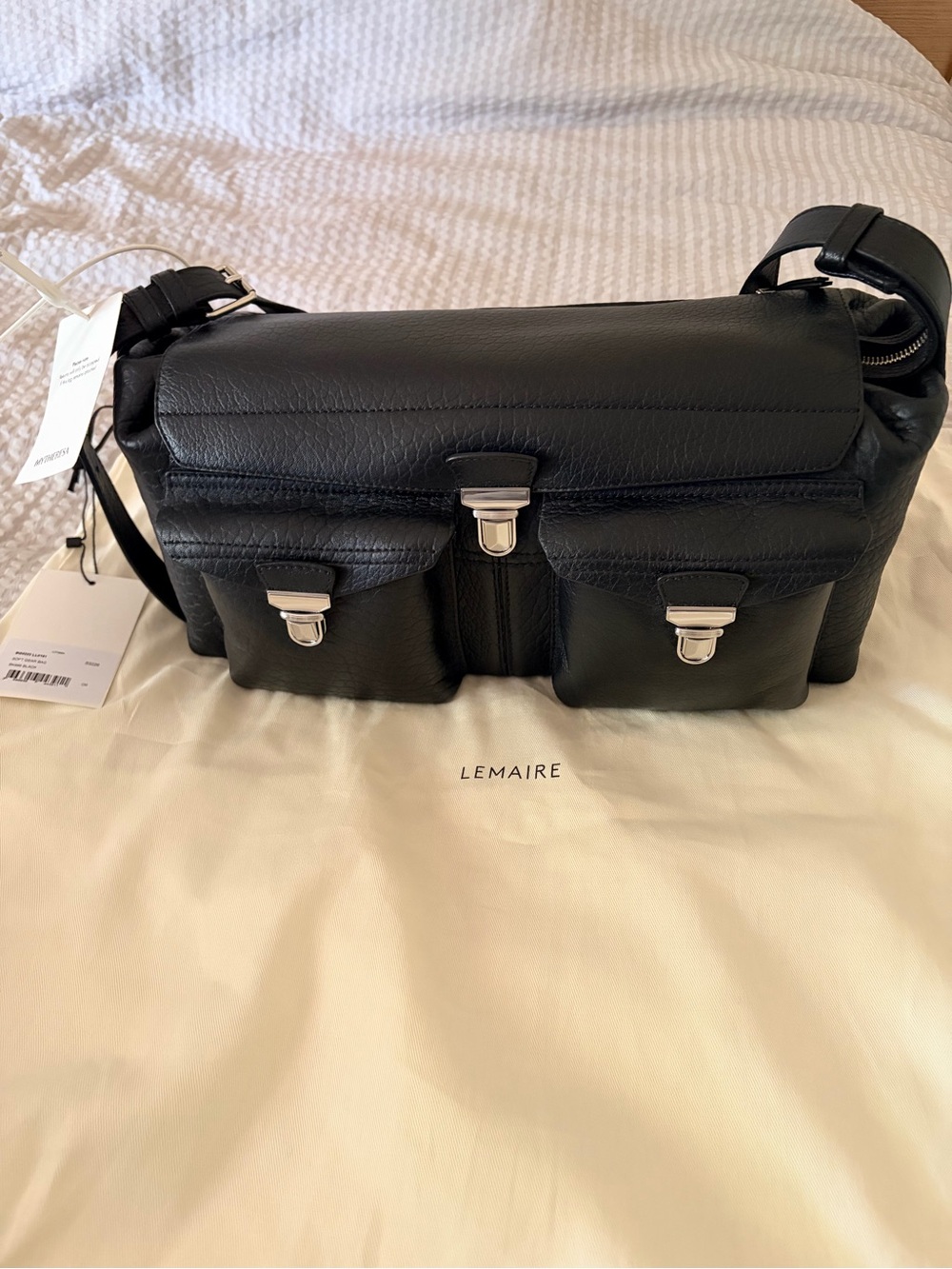 Lemaire Soft Gear Bag In Black Bubbled Lambskin
